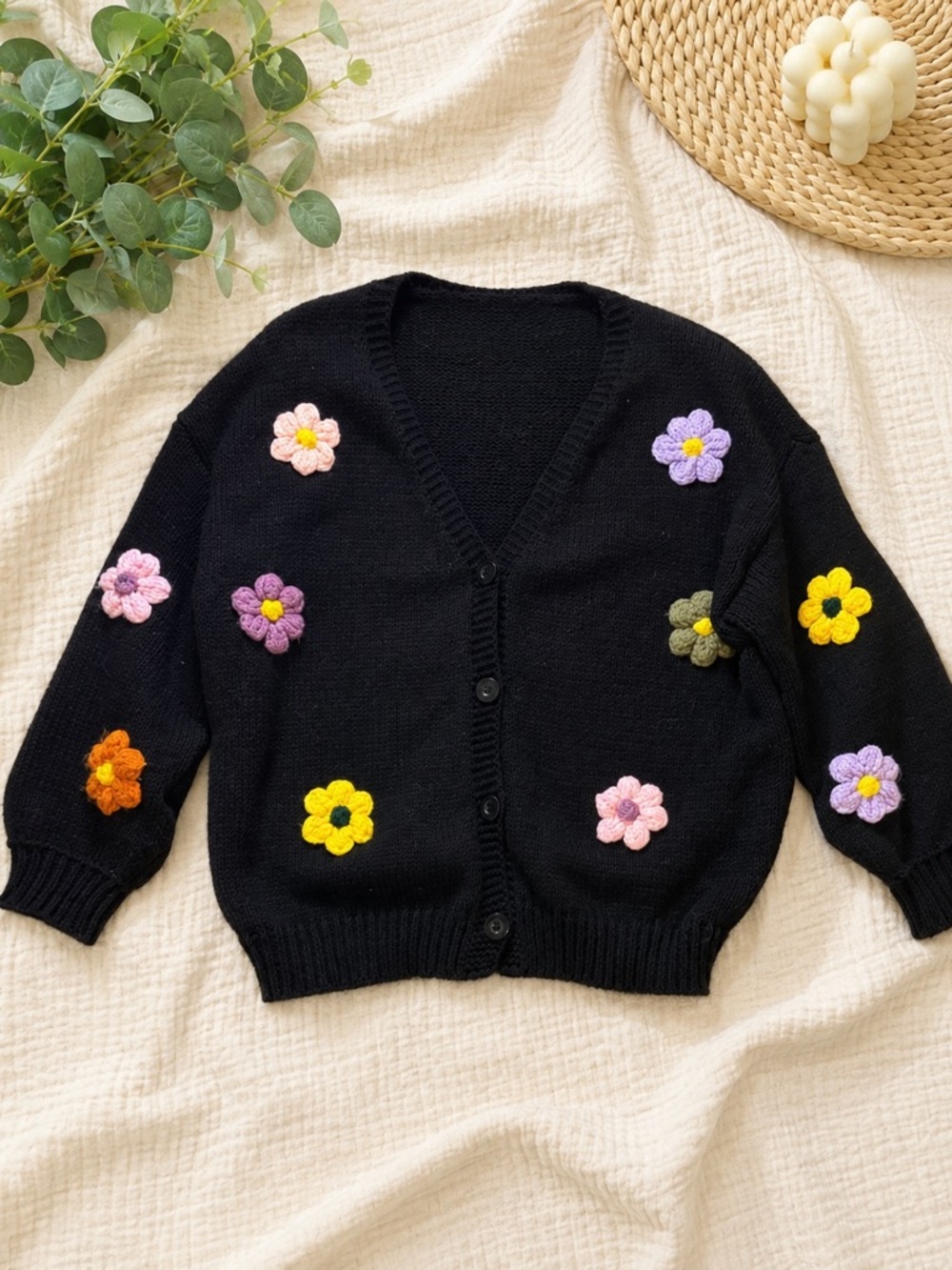 Cider Black Floral Crochet Cardigan | Daisy Appliqué Sweater | Cottagecore | 2XL